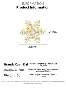 Detailed information of rotatable snowflake brooch with cubic zirconia and gold plating