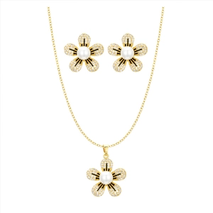 Parure bijoux fleur dorée avec collier et boucles d'oreilles sertis de perles et zircons