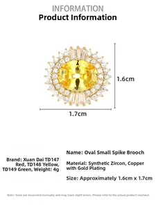 Makro-Detail der ovalen Sonnenblumen-Brosche mit gelbem Zirkon und Maßen auf Goldkupfer