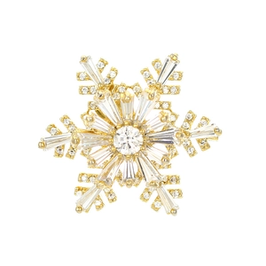 Rotating snowflake brooch with cubic zirconia inlay in gold plating for women's coat