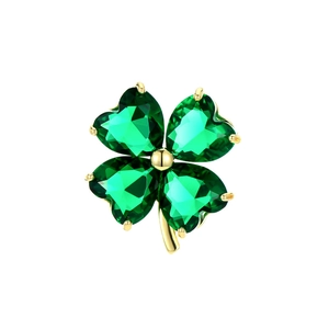Elegant four-leaf clover brooch with green heart-cut gemstones and gold plating