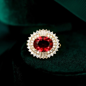 Makro-Detail einer ovalen Rubin-Brosche mit Diamant-Halo auf grünem Samt