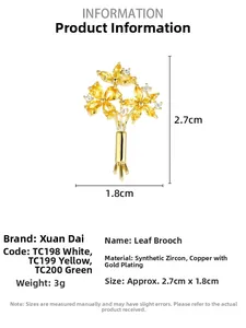 Spécifications de taille pour une broche bouquet de fleurs dorée avec pierres de zircon