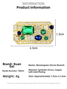 Macro detail of vintage brooch pin with colorful cubic zirconia and gold plating
