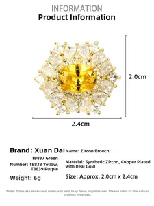 Detailspezifikationen für Zirkon-Blumenbrosche mit Größenangaben und Materialinfo
