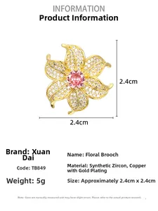 Detail showing dimensions of the gold-plated zircon flower brooch with pink center stone