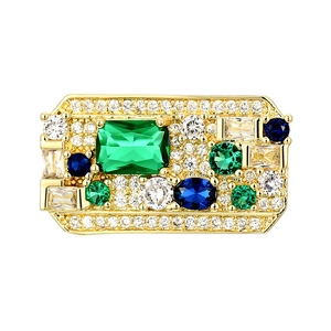 Vintage style square emerald green crystal brooch with colorful gemstones in gold setting