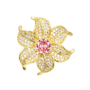 Elegant floral brooch with pink gemstone and white zircon in gold-plated finish