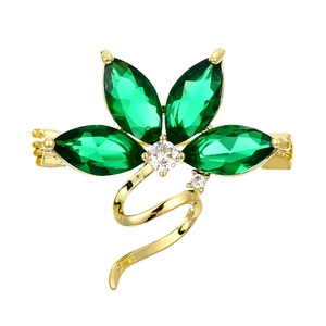 Elegant green emerald orchid brooch with gold spiral stem and sparkling zircon crystals