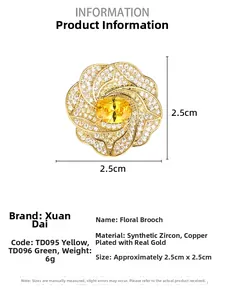 Détails de la broche fleur avec placage en or, zircone et pierre centrale jaune