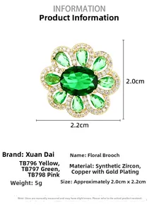 Macro shot of 2.0cm floral brooch with green zircon and gold plating dimensions