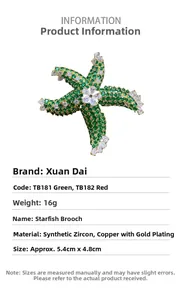 Detail showing green cubic zirconia starfish brooch with gold-plated copper and size specs