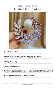 Macro detail of a 4.2cm pearl and purple zircon flower wreath brooch in gold plating
