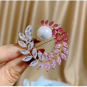Elegant Wheat Ear Wreath Brooch With Faux Artificial Pearl And Marquise Zirconia For Women Luxury Copper Pin For Wedding Banquet Suit Jewelry