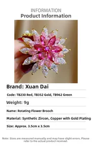 Detail view of rotating flower brooch with colorful cubic zirconia and white pearl