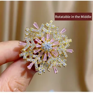Rotatable Snowflake Zircon Brooch For Women Copper Real Gold Plated 3D Crystal Pin For Suit Coat Wedding Party Jewelry