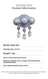 Detailed specs of luxury tassel pearl brooch with cubic zirconia and gold plating