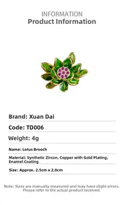 Detail of enamel lotus brooch with pink zircon, 2.5cm size, 18k gold plated copper finish