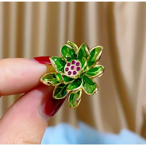 Vintage Court Enamel Lotus Flower Brooch Pin For Women Emerald Green Zirconia Chinese Style Qipao Hanfu Accessory Jewelry Gift