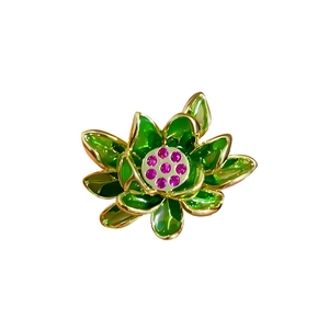 Vintage lotus brooch with green enamel petals and red zircon center for cheongsam attire