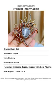Detailed dimensions of gold-plated flower brooch with white zircons and opal stone