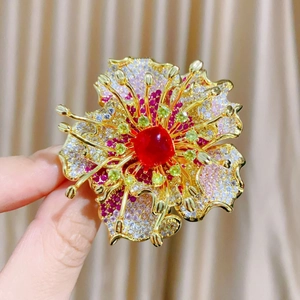 Luxurious Copper Zirconia Peony Flower Brooch Palace Style High-End Corsage For Women Wedding Banquet Jewelry Accessory