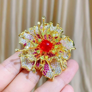 Exquisite floral zircon brooch with colorful petals and a large red centerpiece gem