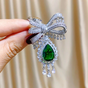 Luxury Copper Zirconia Bowknot Tassel Brooch Green Water Drop Stone Vintage Court Style Pin For Wedding Banquet Women