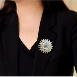 Elegant multi-layer sunflower brooch with zircon stones on a black suit lapel