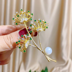 Elegant Dandelion Bouquet Brooch For Women Gold Plated Copper Micro Inlaid Zircon White Artificial Pearl Pin For Wedding Suit Accessory