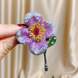 Luxury Copper Flower Brooch Pin For Women Inlaid Zirconia Colorful Floral Leaf Design Elegant Clothing Accessory Jewelry