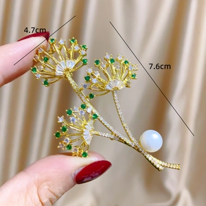 Elegant gold dandelion flower brooch with green zircon micro-inlays and white pearl