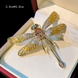 Detailed 5.6cm*5.0cm dragonfly brooch with champagne gem and enamel wings in gift box