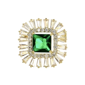 Elegant gold brooch with square emerald zircon and double halo of white crystals