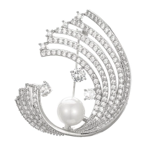 Elegant silver wave brooch with micro-pave zircons and a central large white pearl