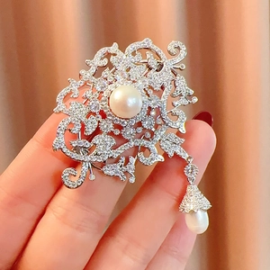 Vintage French baroque brooch with natural pearl tassels and sparkling zircon accents