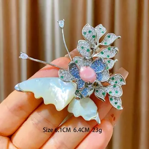 Exquisite butterfly flower brooch with shell wings and zircon inlay, 6.1cm x 6.4cm size