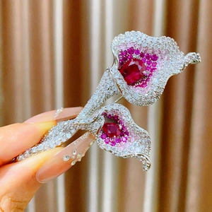 Calla lily brooch with red zircon heart crystals and sparkling white stones