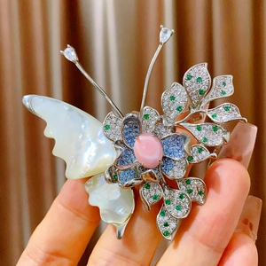 Exquisite butterfly flower brooch with natural shell wings and colorful micro-set zircons