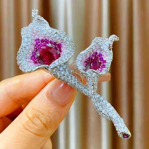 Luxury Calla Lily Brooch Red Purple Zirconia Copper Flower Pin For Women Coat Suit Wedding Banquet Jewelry