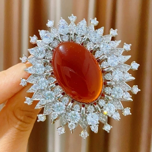 Vintage Court Style Red Agate Brooch For Women Luxury Sunburst Copper Zirconia Rhinestone Pin Suit Dress Wedding Banquet Elegant Floral Jewelry