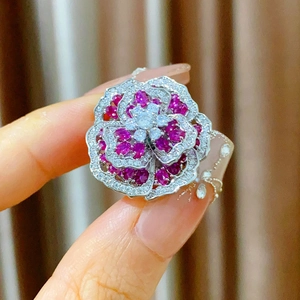 Elegant silver flower brooch with pink zircon petals and magnetic clasp for women