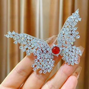 Detail of silver butterfly brooch with sparkling crystals and a central red gemstone