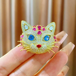 Gros plan détaillé d'une broche chat en zircon avec yeux bleus et placage or sur un manteau