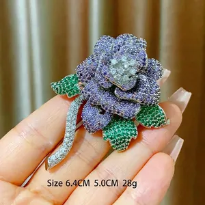 Luxury purple rose flower brooch with zircon stones for elegant evening dress and suits