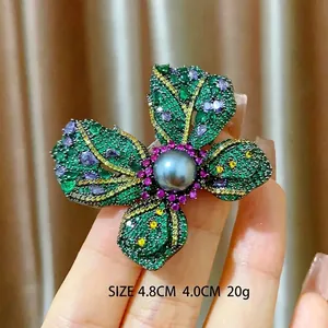 Elegant floral butterfly brooch with colorful zircons and grey pearl, size 4.8cm x 4.0cm