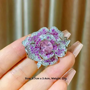 Peony camellia magnetic brooch with pink and purple crystals, size 3.7cm by 3.4cm