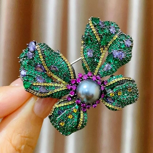 Luxury Micro-Inlaid Zircon Butterfly Brooch With Large Grey Artificial Pearl Multicolor Stone Copper Pin For Women Clothes Accessories