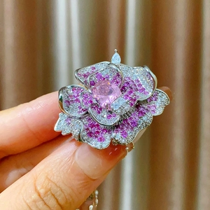 Elegant peony magnetic brooch with pink gemstone and pavé diamonds for women