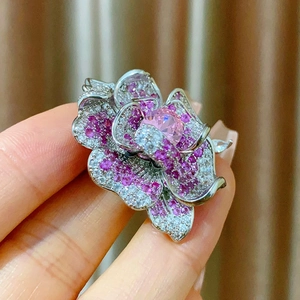 Chic Peony flower ring with pink crystals and silver-tone base for women's fashion